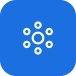 White hub-and-spoke icon with a central circle surrounded by six smaller circles on a blue rounded square background.