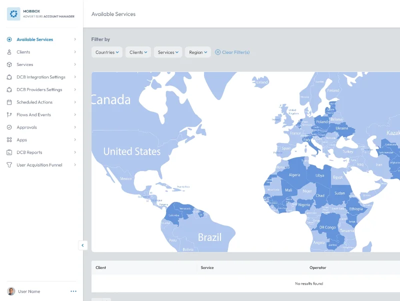 Global services dashboard with interactive world map and filters