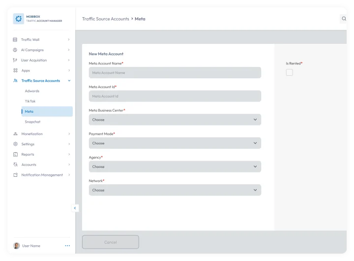 Meta traffic source account setup dashboard with form fields for account details
