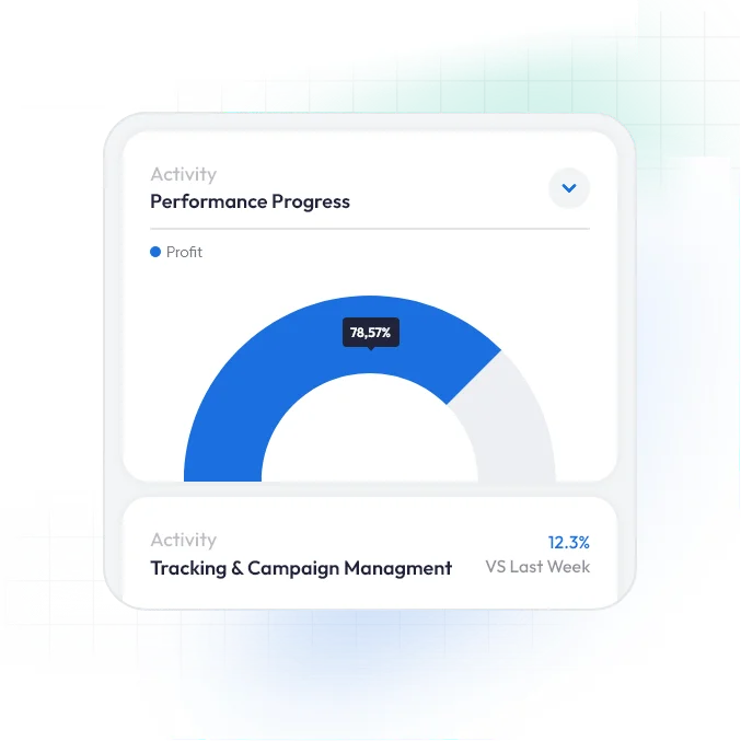 Performance progress dashboard showing profit chart and campaign tracking metrics